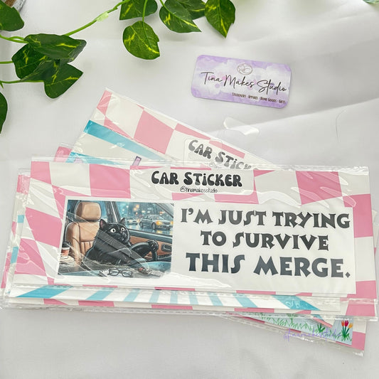 Funny Cat Car Bumper Sticker – I'm Just Trying to Survive This Merge.