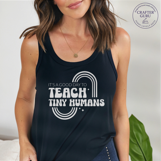 Teach Tiny Humans – Retro Rainbow Teacher ( Ladies RACERBACK TANK )