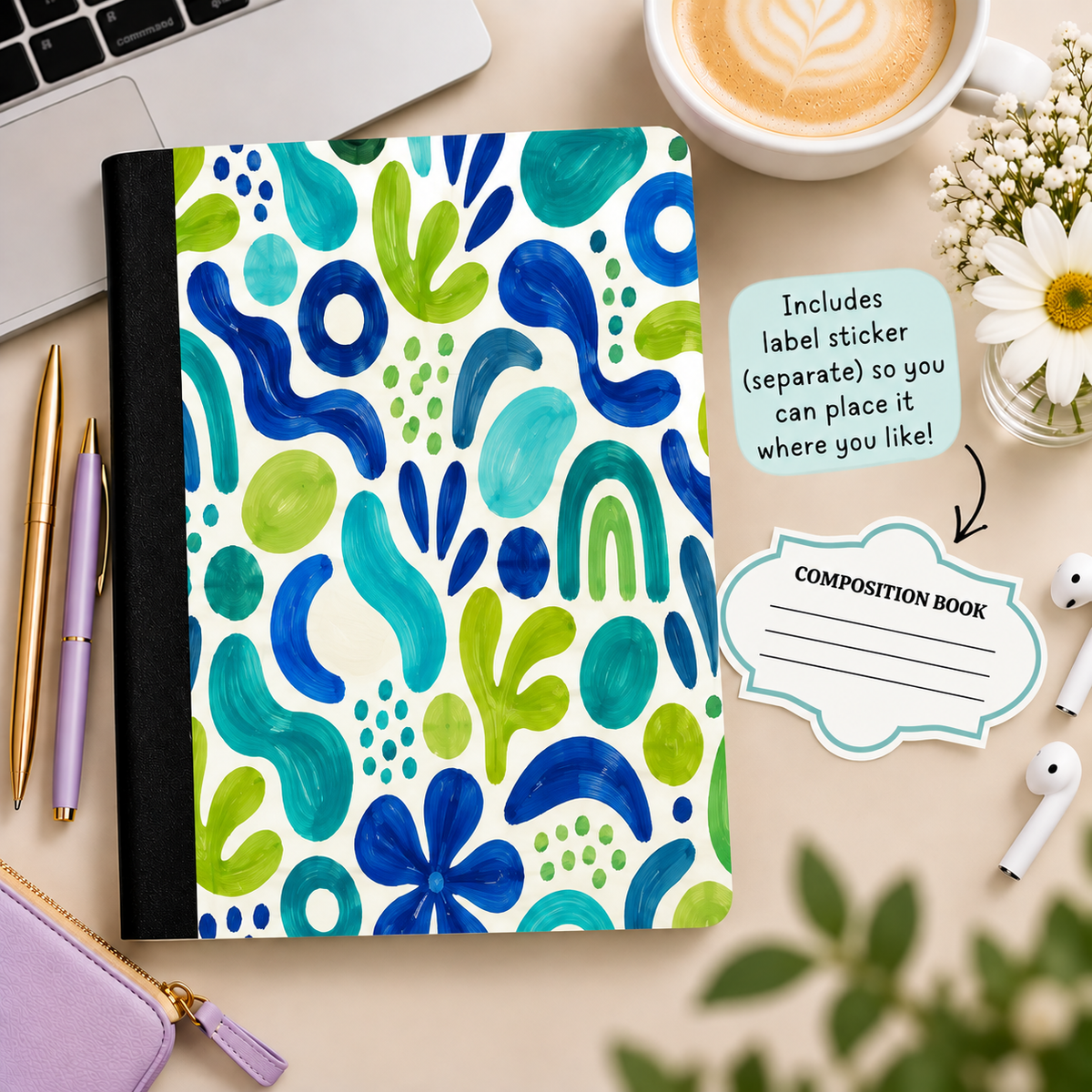 Blue and green abstract composition book with separate label sticker