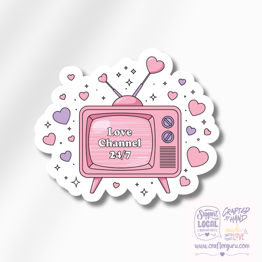 Love Channel 24/7 Retro TV Sticker | Romantic Aesthetic Vinyl Decal | Pink Heart Laptop Sticker | Valentine’s Day Gift | STK-025