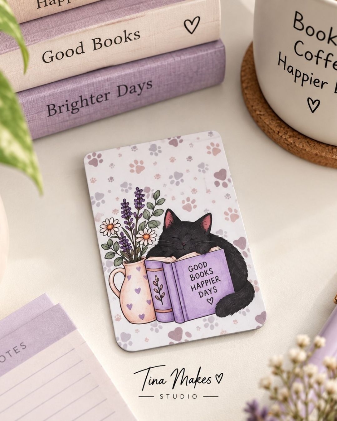 Good Books Happier Days black cat bookmark with lavender floral design