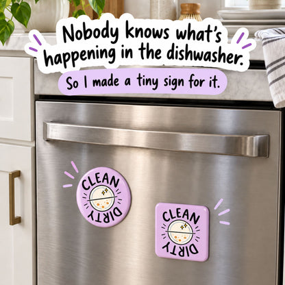 Square purple clean dirty dishwasher magnet on a dishwasher