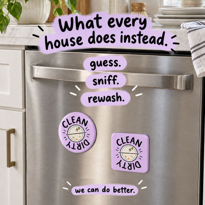 Round purple clean dirty dishwasher magnet on a dishwasher