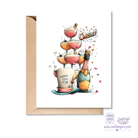 Cheers! Happy New Year Celebration Card – Champagne & Toast Tower – CRD-NY-003