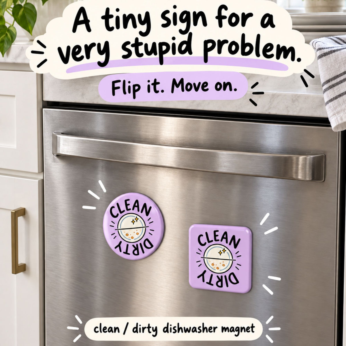 Clean dirty dishwasher magnets shown on a stainless steel dishwasher