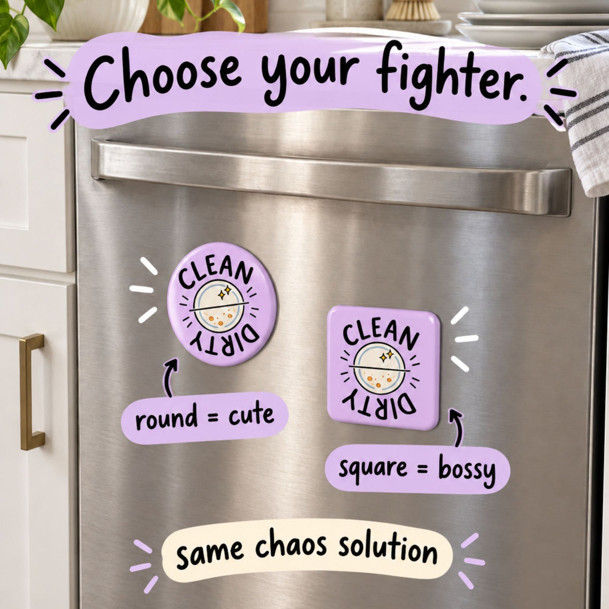 Round and square purple clean dirty dishwasher magnets