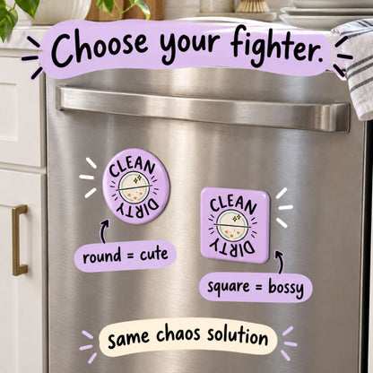 Round and square purple clean dirty dishwasher magnets