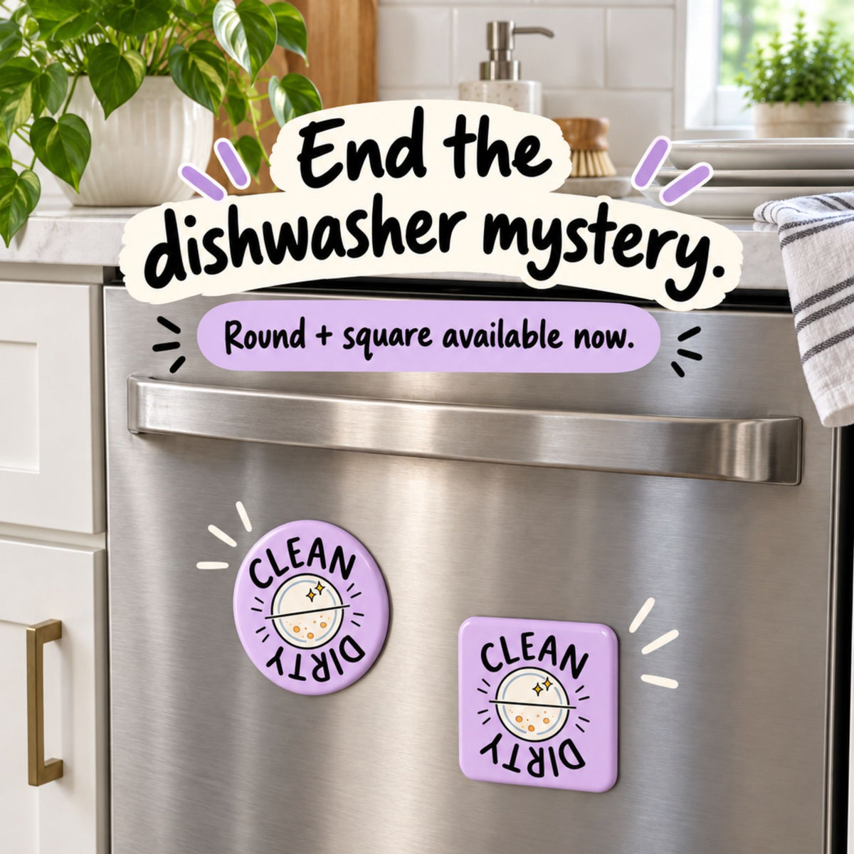 Clean dirty dishwasher magnets displayed on a dishwasher