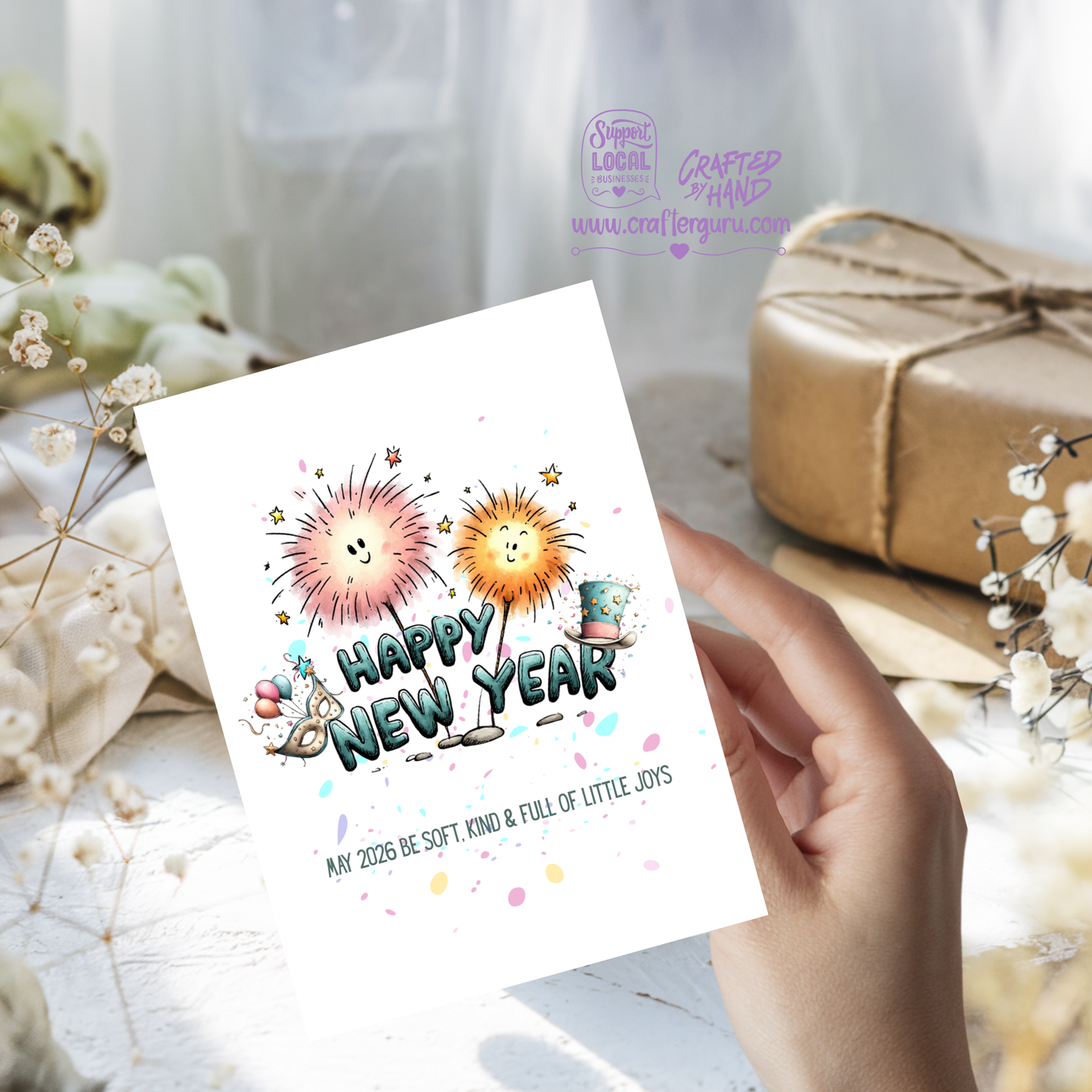 Happy New Year 2026 – Soft, Kind & Full of Little Joys Greeting Card – CRD-NY-002