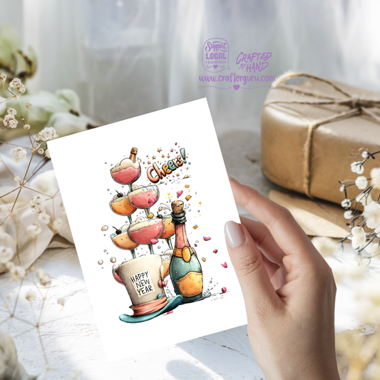 Cheers! Happy New Year Celebration Card – Champagne & Toast Tower – CRD-NY-003