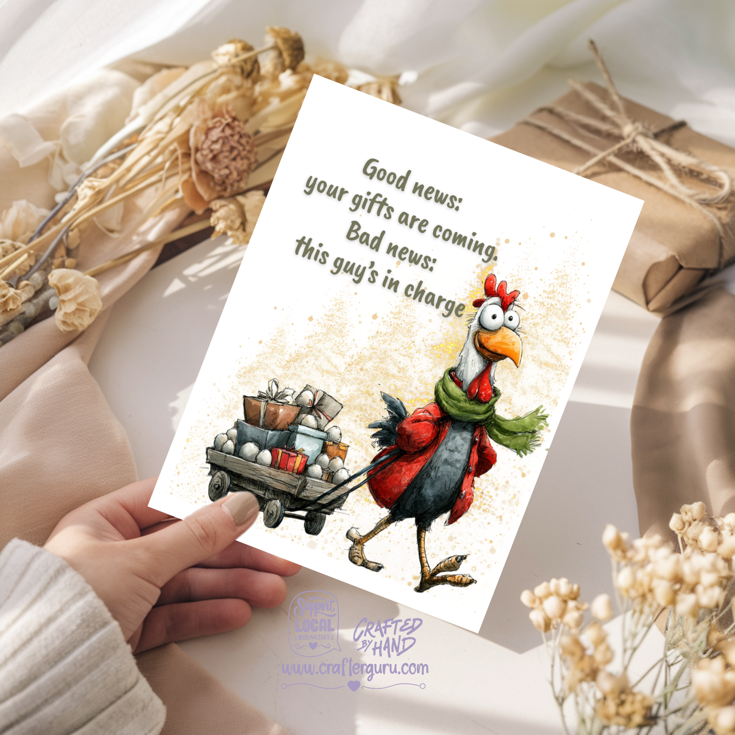 Funny Christmas Card – ‘Your Gifts Are Coming… But He’s in Charge’ Chicken Edition - CRD-CH-002