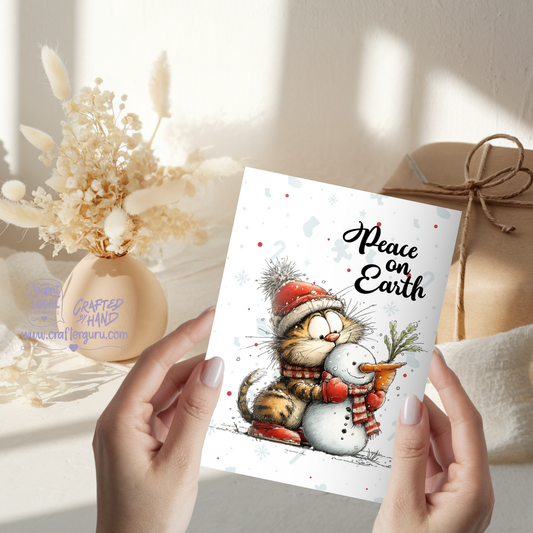 Cute Christmas Card – Peace on Earth Cat & Snowman Edition- CRD-CH-007