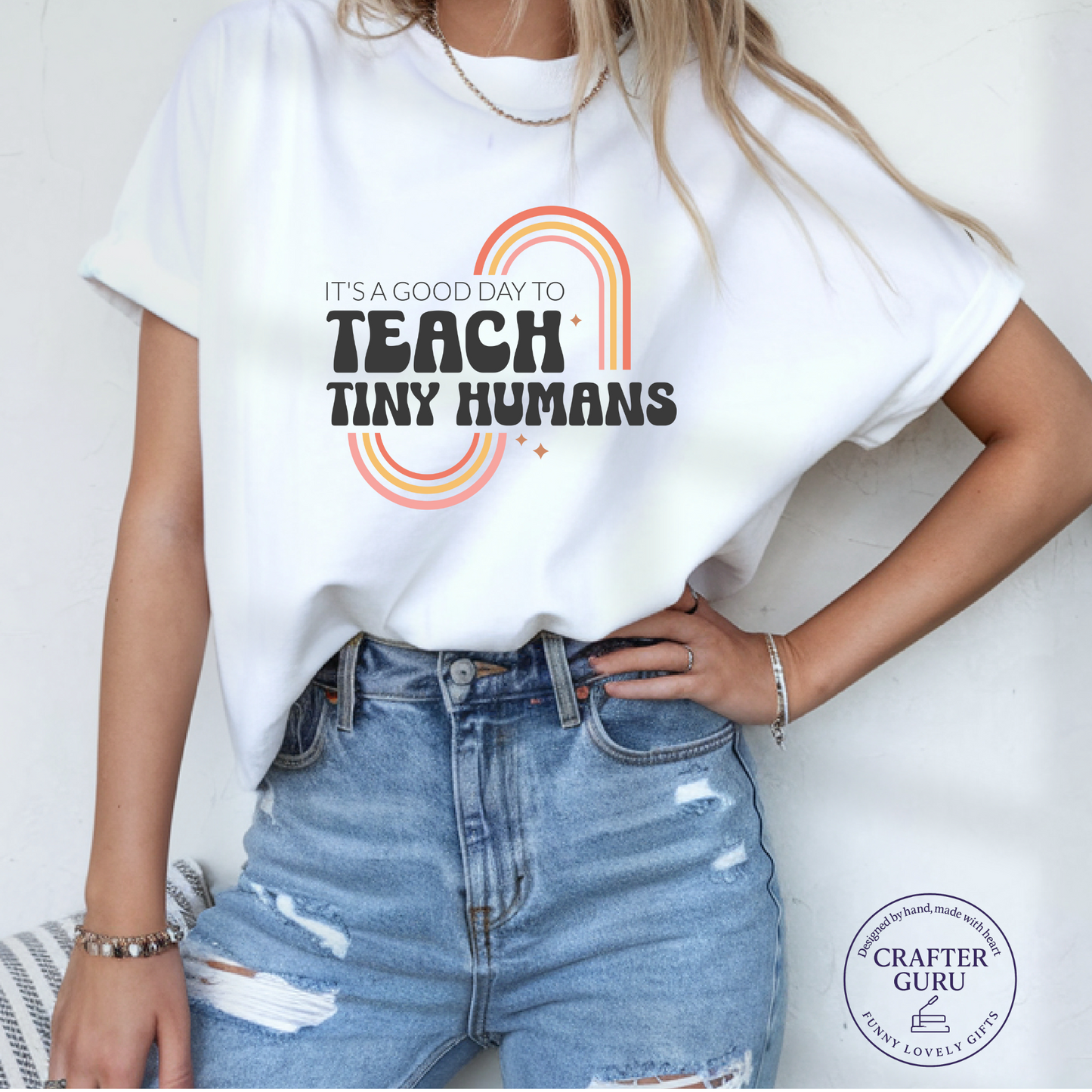Teach Tiny Humans  – Retro Rainbow Teacher  (unisex Adult Tees)