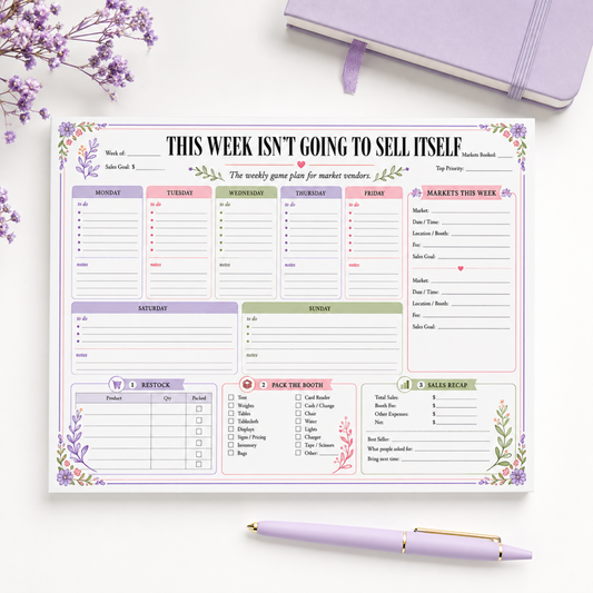 Market vendor weekly planner pad – flat lay with purple pen and lavender flowers