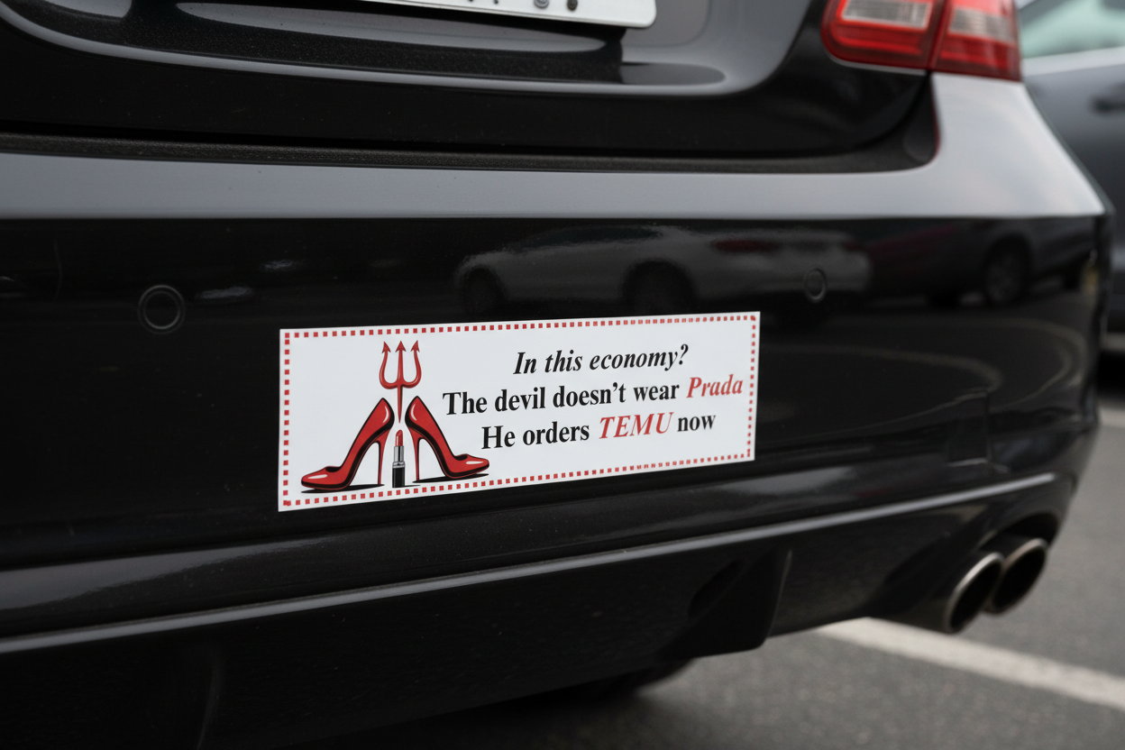 Devil Wears TEMU Bumper Sticker on Car
