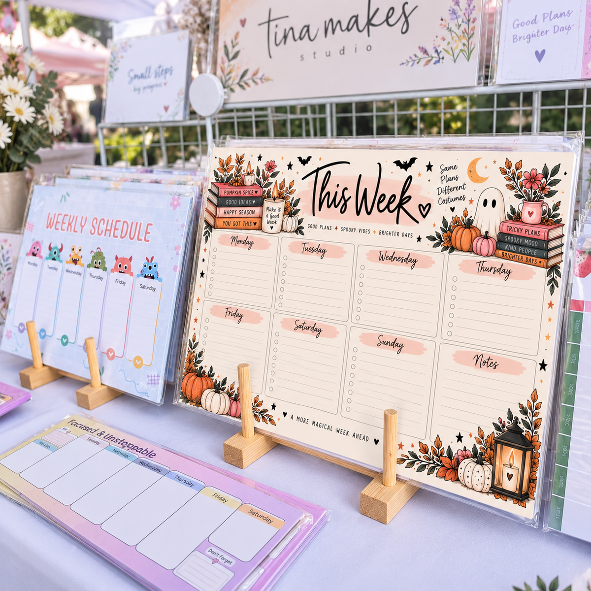 This Week spooky weekly planner notepad with pumpkins, flowers, and a Sunday-to-Saturday layout