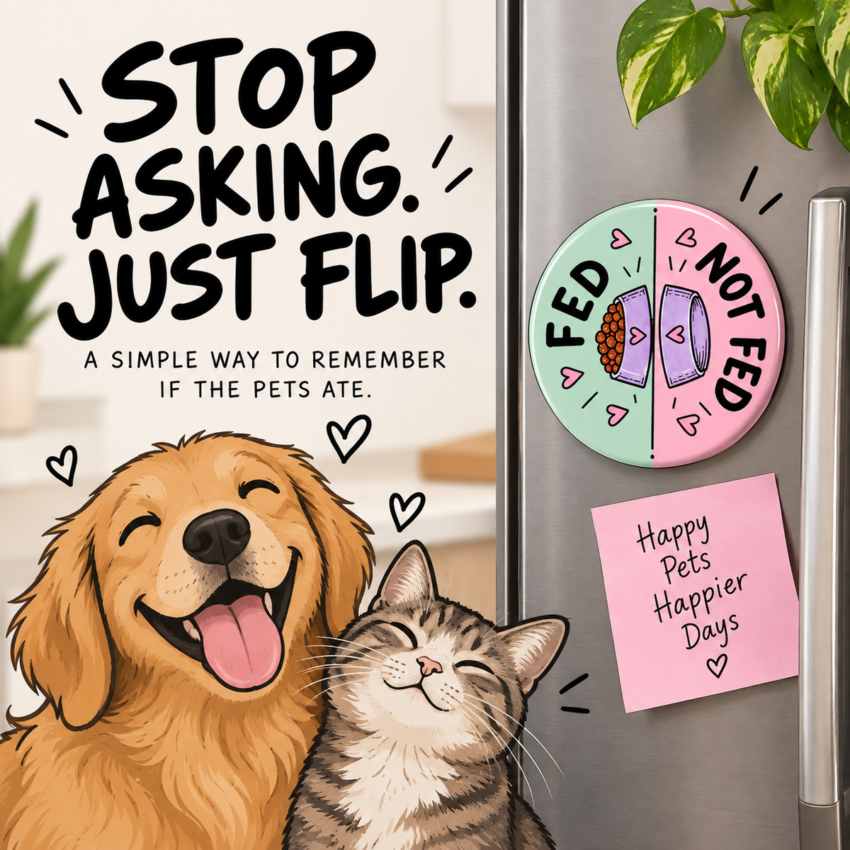 Illustrated dog and cat beside a Feed and Not Fed magnet on a refrigerator with the text Stop Asking Just Flip