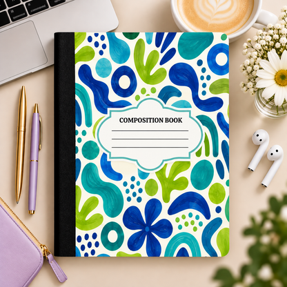 Blue and green abstract composition book with label on cover
