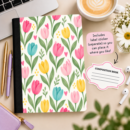 Colorful tulip composition book without label, with separate label sticker beside it
