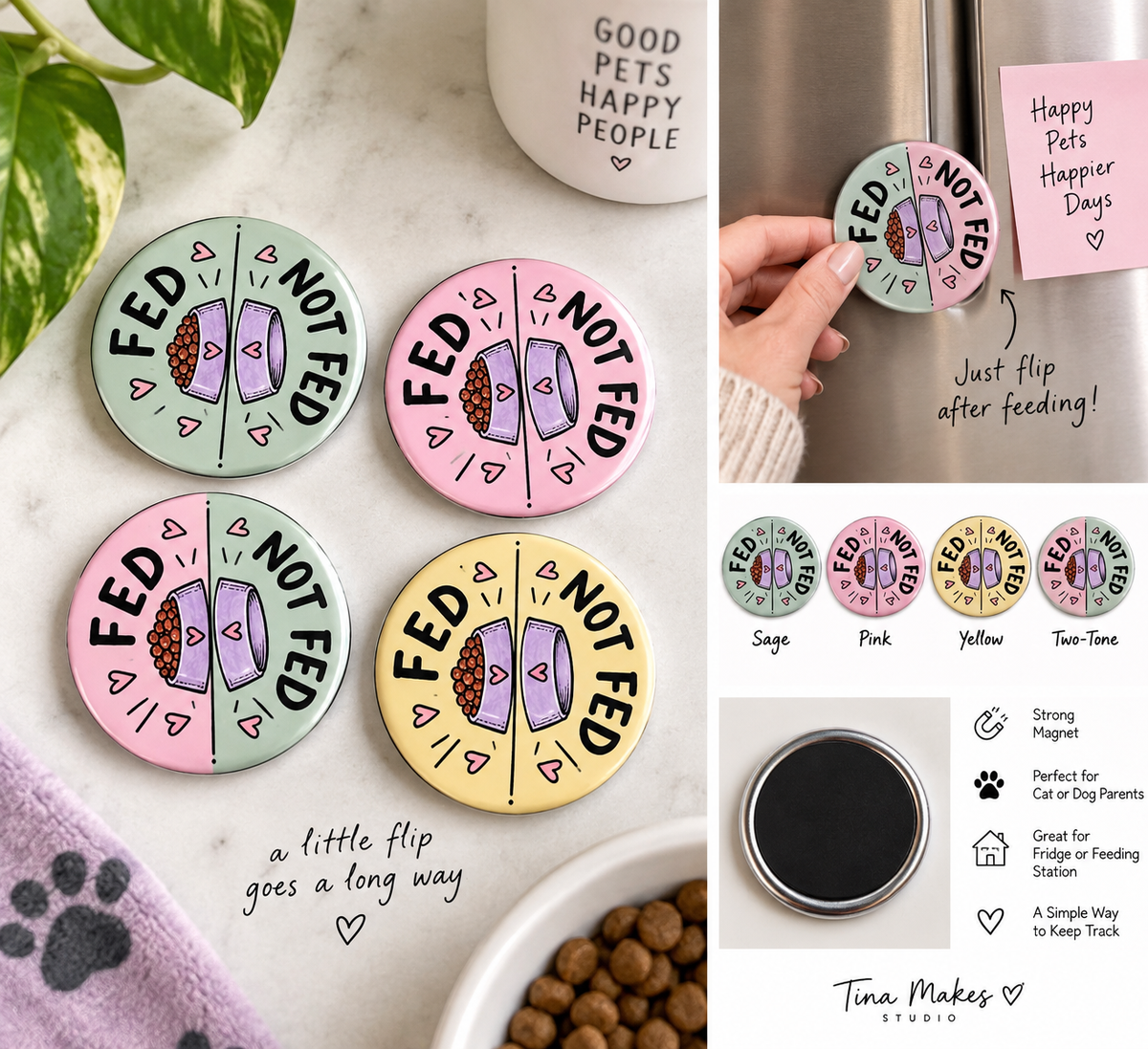 Pastel Feed and Not Fed magnetic pet feeding trackers shown on a refrigerator and near a pet food bowl