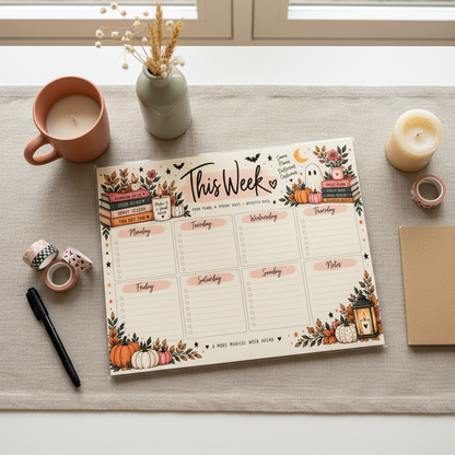 This Week spooky weekly planner notepad styled on a warm aesthetic desk