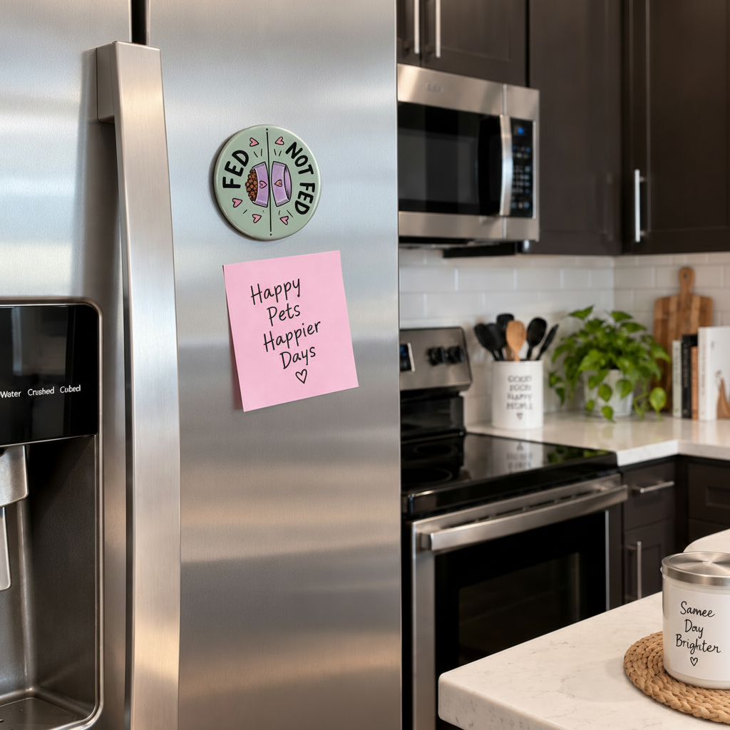 Round sage green Feed and Not Fed pet feeding magnet on a stainless-steel refrigerator beside a pink handwritten note
