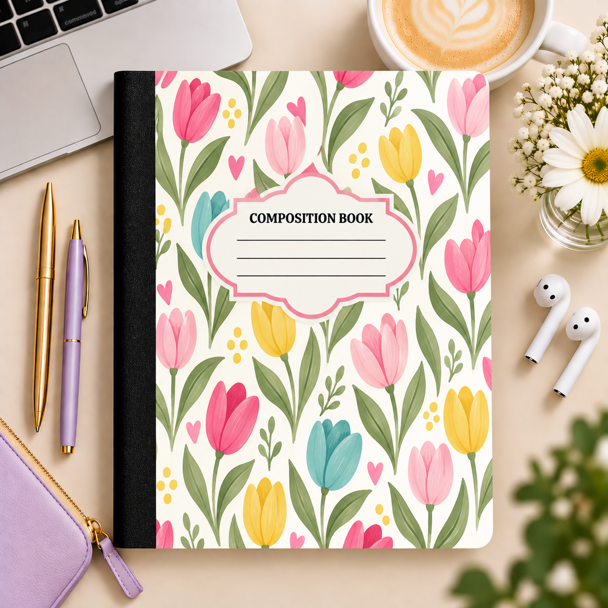 Composition book with colorful pink, yellow and teal tulips and a label on the cover