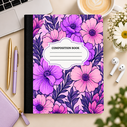 Pink and purple floral composition book with label on front