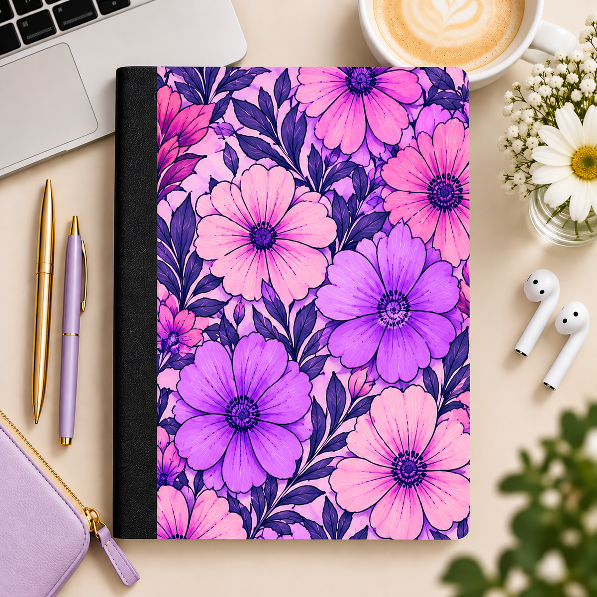 Pink and purple floral composition book without label