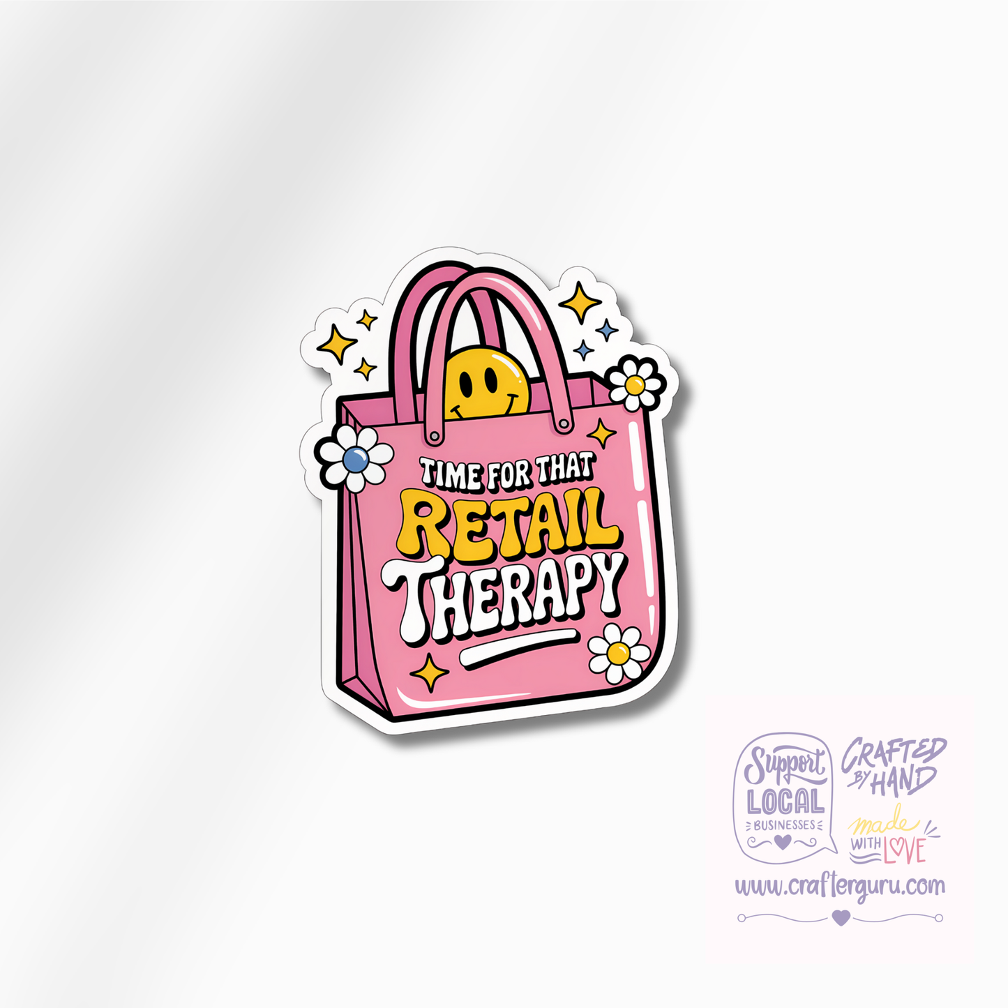 Time for That Retail Therapy Sticker | Funny Shopping Bag Decal | Aesthetic Pink Vinyl Sticker | Groovy Smiley Face Gift | STK-016