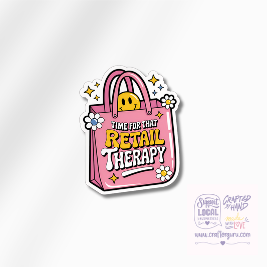 Time for That Retail Therapy Sticker | Funny Shopping Bag Decal | Aesthetic Pink Vinyl Sticker | Groovy Smiley Face Gift | STK-016