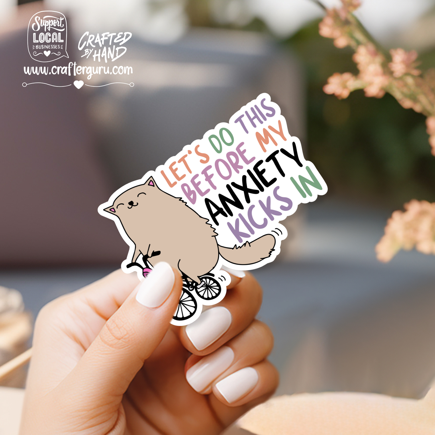 Before My Anxiety Kicks In Sticker | Funny Cat on Bicycle Decal | Mental Health Awareness Vinyl Sticker | Cute Relatable Gift | STK-018