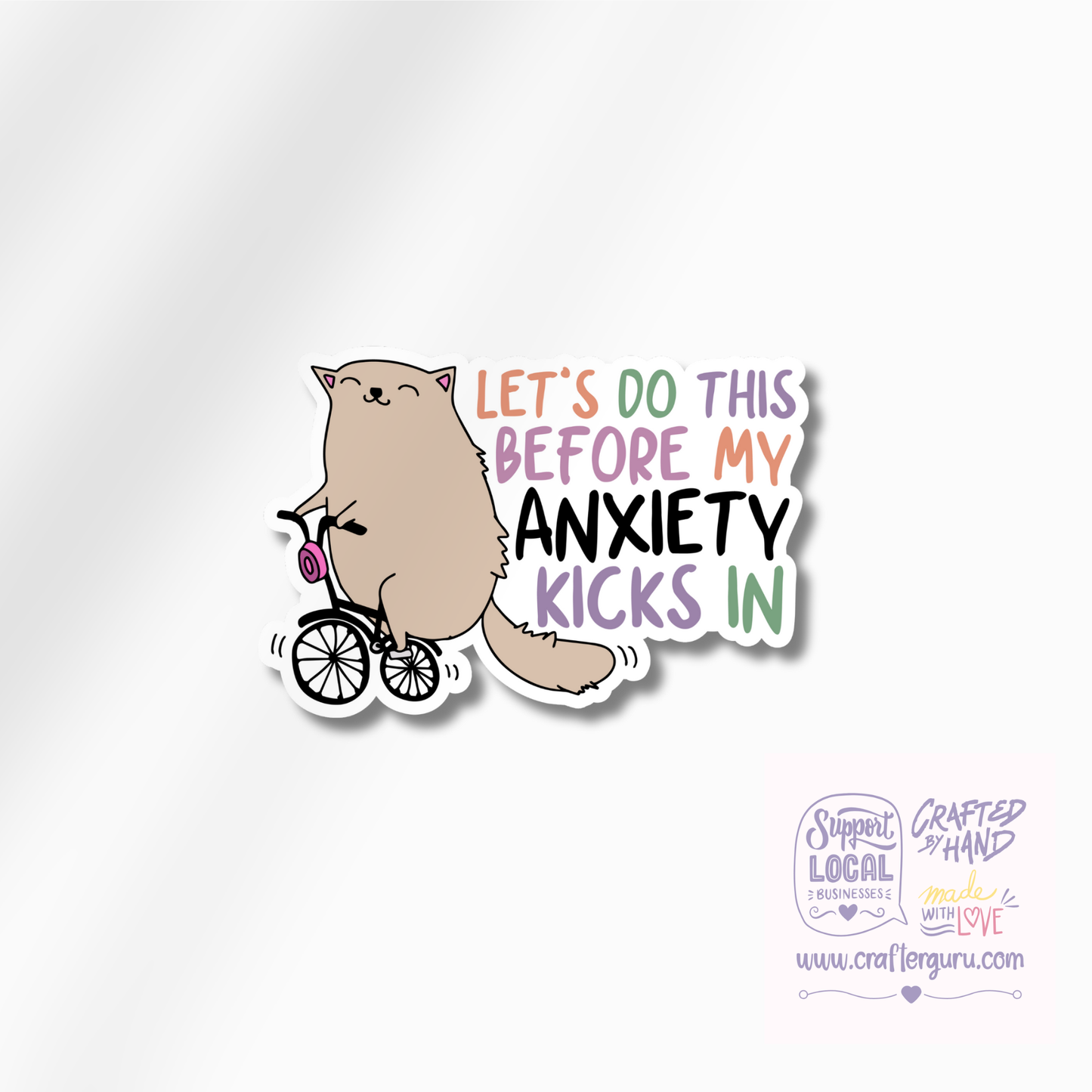 Before My Anxiety Kicks In Sticker | Funny Cat on Bicycle Decal | Mental Health Awareness Vinyl Sticker | Cute Relatable Gift | STK-018