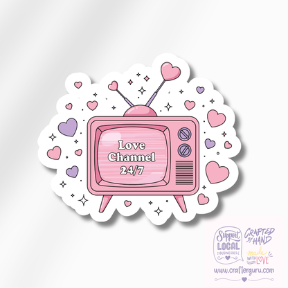 Love Channel 24/7 Retro TV Sticker | Romantic Aesthetic Vinyl Decal | Pink Heart Laptop Sticker | Valentine’s Day Gift | STK-025
