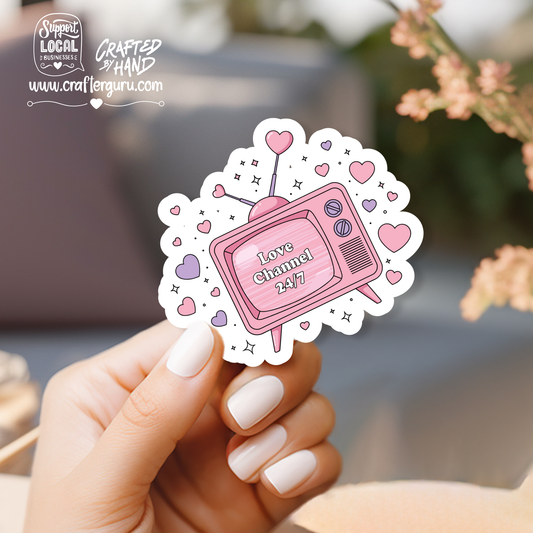 Love Channel 24/7 Retro TV Sticker | Romantic Aesthetic Vinyl Decal | Pink Heart Laptop Sticker | Valentine’s Day Gift | STK-025