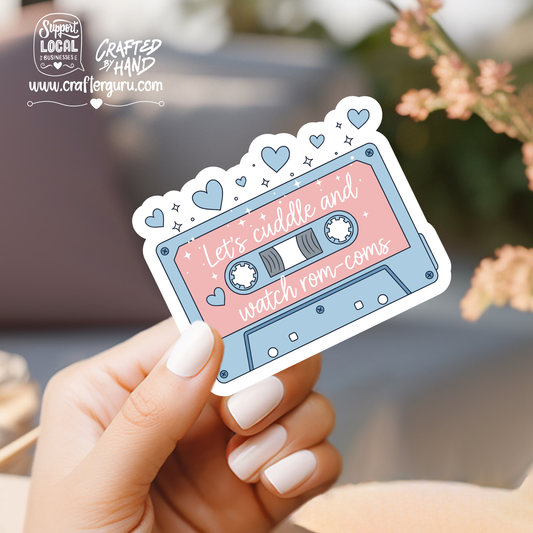 Let’s Cuddle and Watch Rom-Coms Sticker | Retro Cassette Tape Decal | Cute Romance Movie Sticker | Waterproof Vinyl Laptop Decal | STK-027