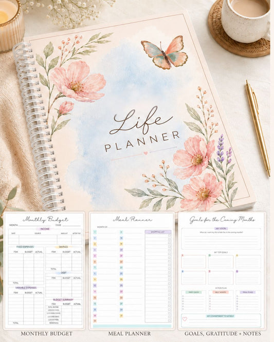 Life Planner features overview – 150 pages, dated Sep 2026–Dec 2027