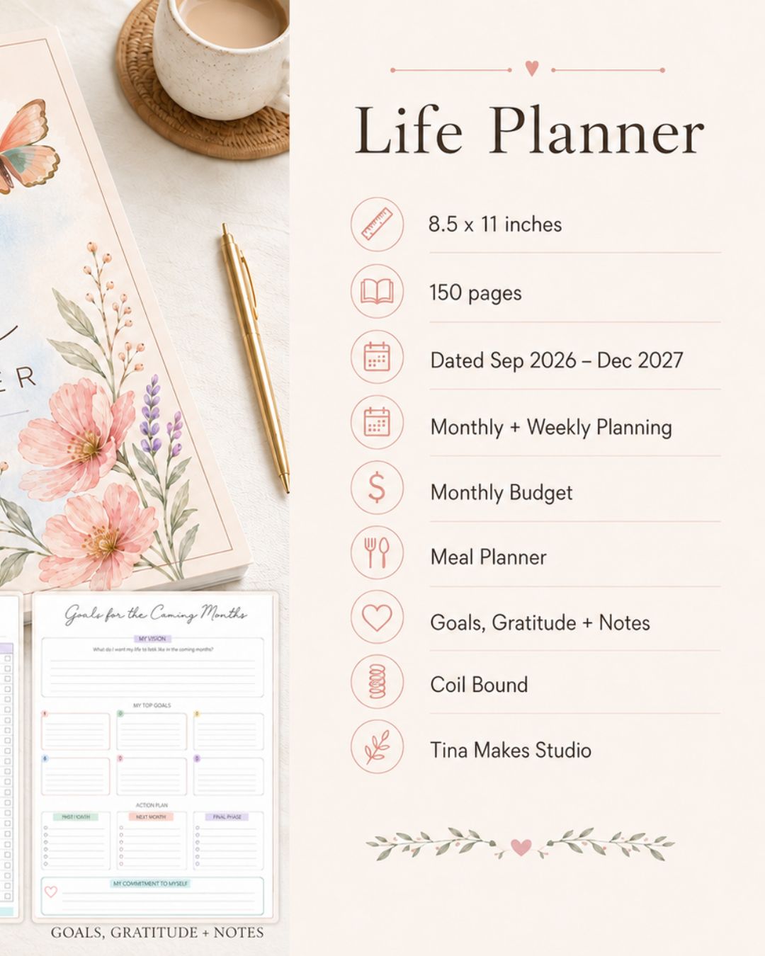 Life Planner interior pages – monthly budget, meal planner, goals and weekly planner