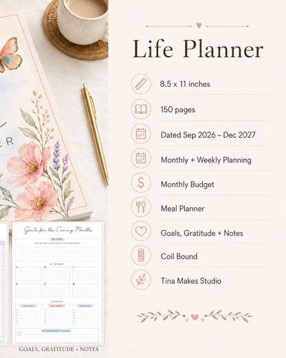 Life Planner interior pages – monthly budget, meal planner, goals and weekly planner