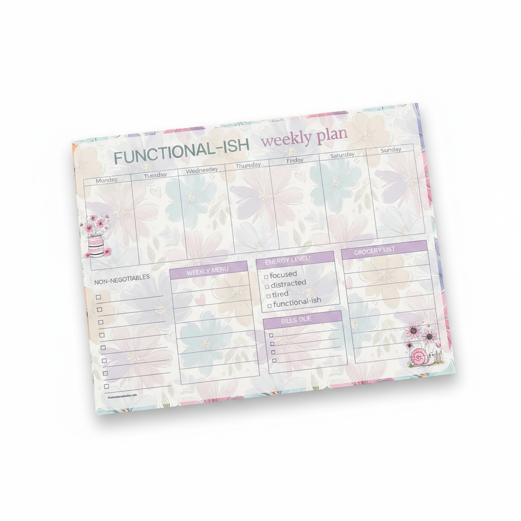 Weekly Planner Pad – fondo blanco, ángulo diagonal